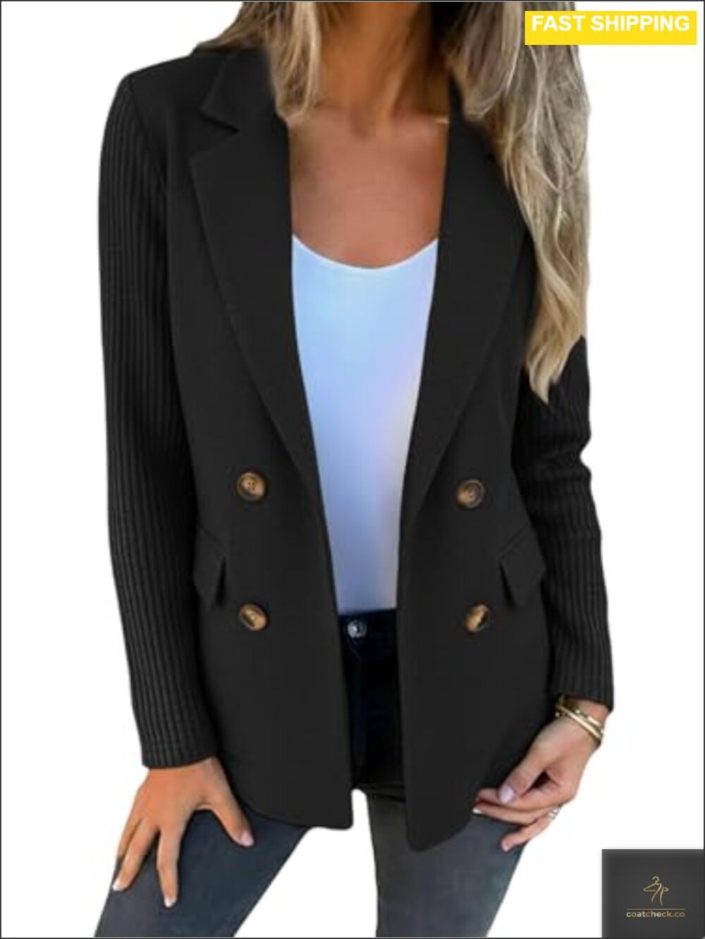 Ribbed Knit Sleeve Double Breasted Blazer Coat with Pockets